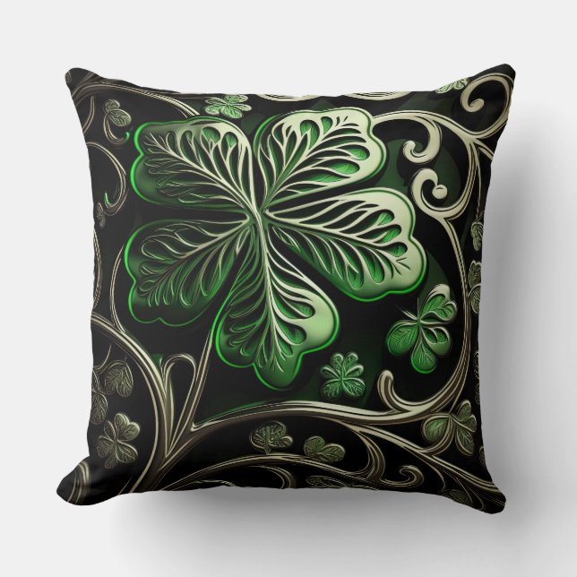 BEAUTIFUL INTRICATE GREEN IRISH SHAMROCKS CUSHION (Front)