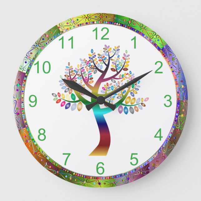 Beautiful Iridescent Rainbow Tree Boho Bohemian Large Clock (Front)