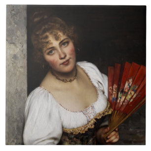 Beautiful Italian Woman with a Red Fan Tile