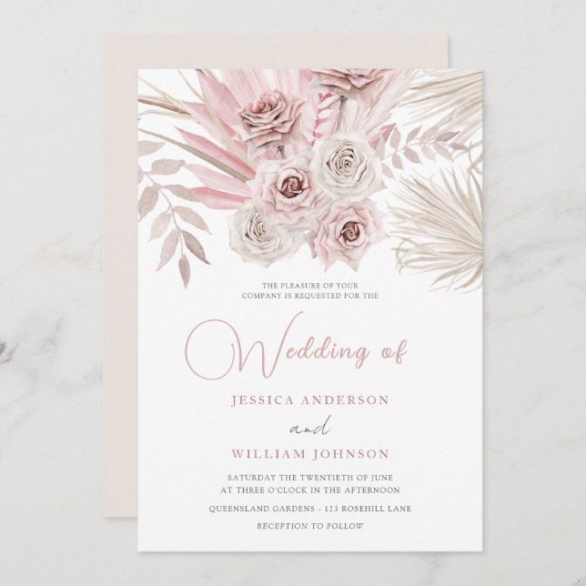 Beautiful Ivory & Dusty Rose Bohemian Wedding  Invitation (Front/Back)