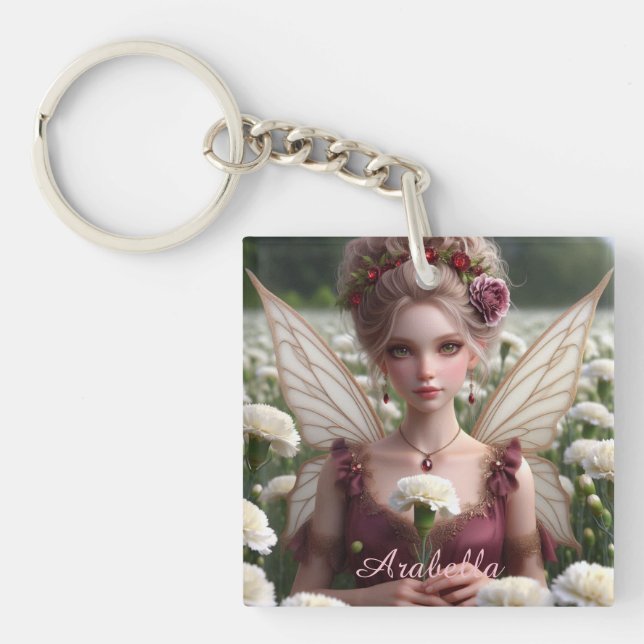 Beautiful January Fairy in Carnations Key Ring (Front)