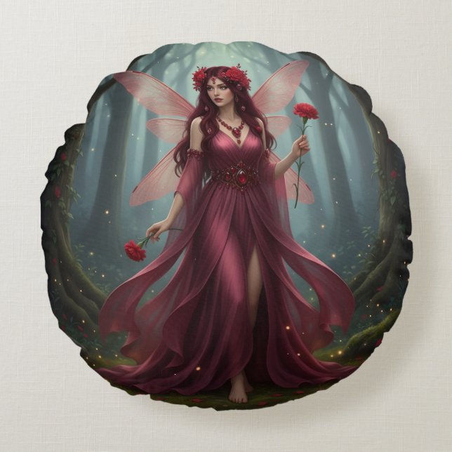 Beautiful January Garnet Fairy Round Cushion (Front)