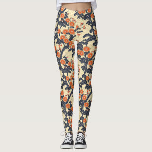 Beautiful Japanese Floral Pattern Blue Beige Leggings