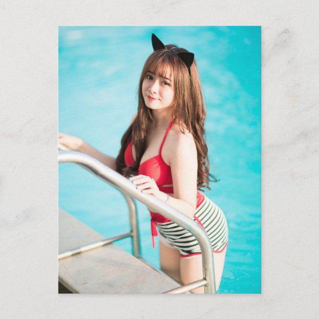 Beautiful Japanese girl at the pool Postcard (Front)
