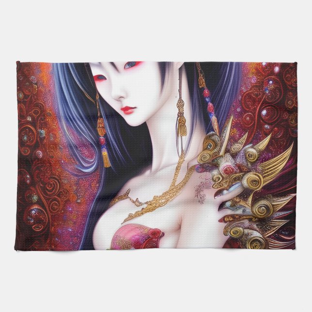 Beautiful Japanese Girl Gothic Fantasy Triptych Tea Towel (Horizontal)