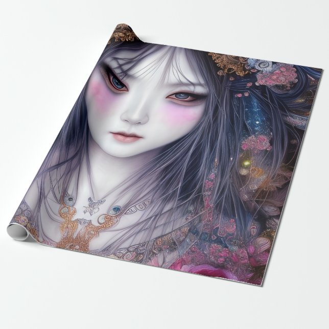 Beautiful Japanese Girl Gothic Fantasy Triptych Wrapping Paper (Unrolled)