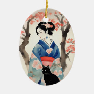 Beautiful Japanese Girl with a Black Cat Ceramic Tree Decoration