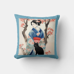 Beautiful Japanese Girl with a Black Cat Cushion