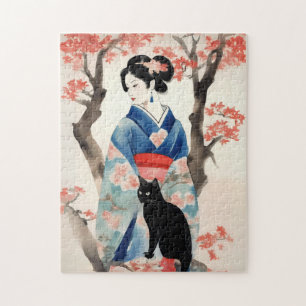 Beautiful Japanese Girl with a Black Cat Jigsaw Puzzle