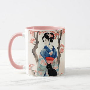 Beautiful Japanese Girl with a Black Cat Mug