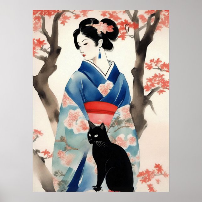Beautiful Japanese Girl with a Black Cat Poster (Front)