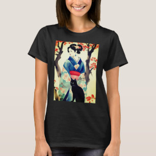 Beautiful Japanese Girl with a Black Cat T-Shirt