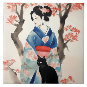 Beautiful Japanese Girl with a Black Cat Tile