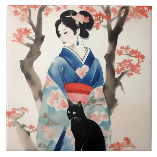 Beautiful Japanese Girl with a Black Cat Tile (Front)