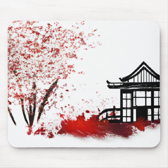 beautiful japanese house in cherry blossom forest mouse mat (Front)