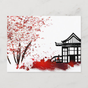 beautiful japanese house in cherry blossom forest  postcard