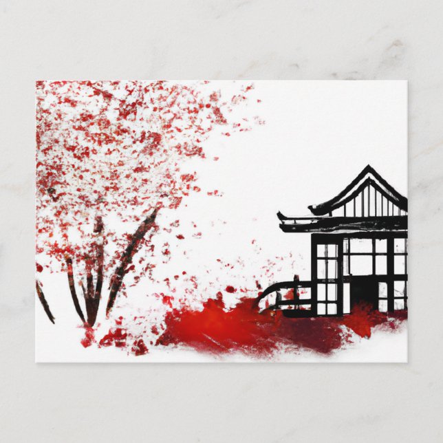 beautiful japanese house in cherry blossom forest  postcard (Front)
