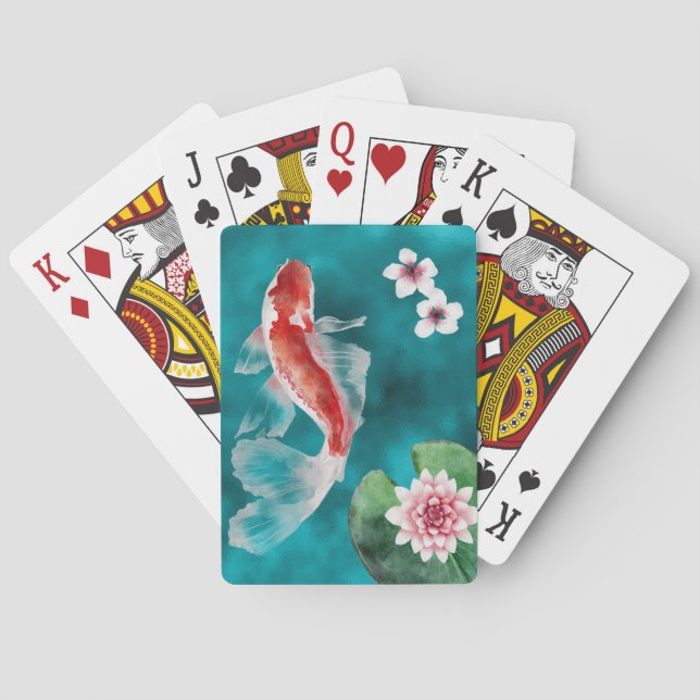 Beautiful Japanese Koi Fish, Cherry Blossoms Japan Playing Cards (Back)