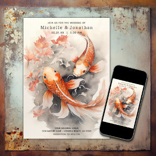 Beautiful Japanese Koi Fish Orange Beige Wedding Invitation