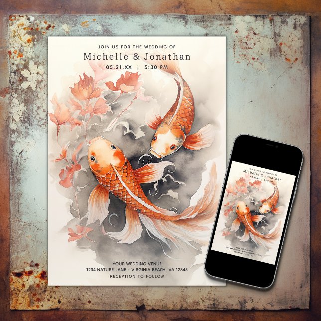 Beautiful Japanese Koi Fish Orange Beige Wedding Invitation (Printed and Digital - Beautiful Japanese Koi Fish Orange Beige Wedding Invitation)