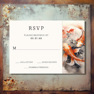 Beautiful Japanese Koi Fish Orange Beige Wedding RSVP Card