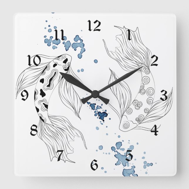 Beautiful Japanese Koi Fish Swimming Square Wall Clock (Front)