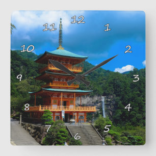 Beautiful Japanese Pagoda & Waterfall Square Wall Clock