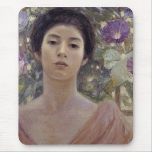 Beautiful Japanese Woman and Morning Glory Flowers Mouse Mat