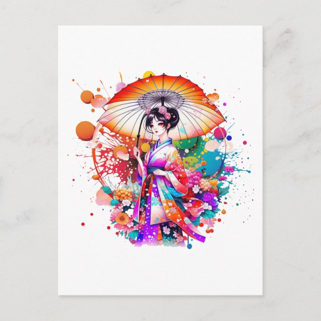 Beautiful Japanese Woman in Kimono Parasol Postcard (Front)