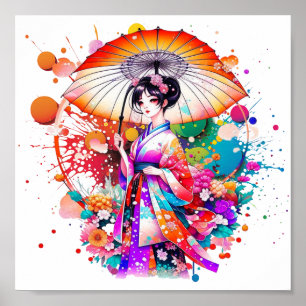 Beautiful Japanese Woman in Kimono Parasol Poster