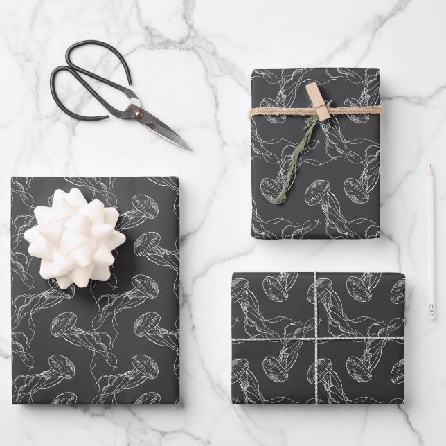 beautiful jellyfish pattern black background wrapping paper sheet (Front)