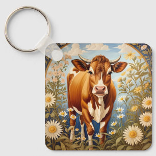 Beautiful Jersey Cow In Daisy field Vintage Key Ring