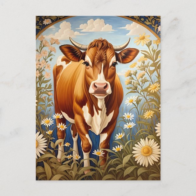 Beautiful Jersey Cow In Daisy field Vintage Postcard (Front)
