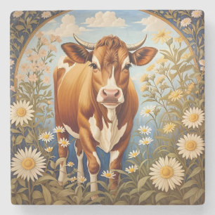 Beautiful Jersey Cow In Daisy field Vintage Stone Coaster