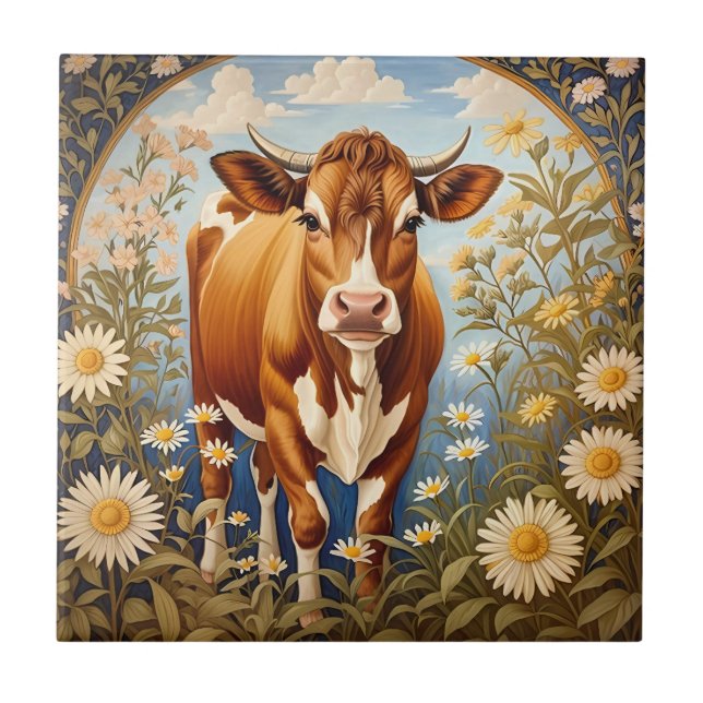 Beautiful Jersey Cow In Daisy field Vintage Tile (Front)