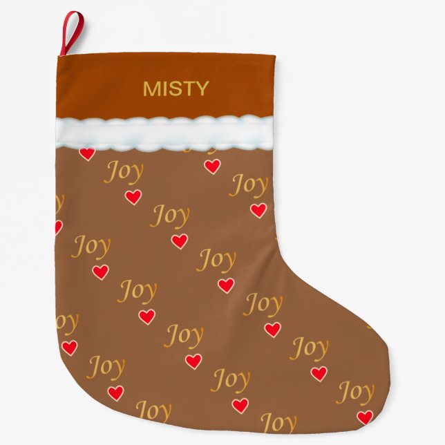 Beautiful Joy Heart Pattern on Brown Large Christmas Stocking (Front)