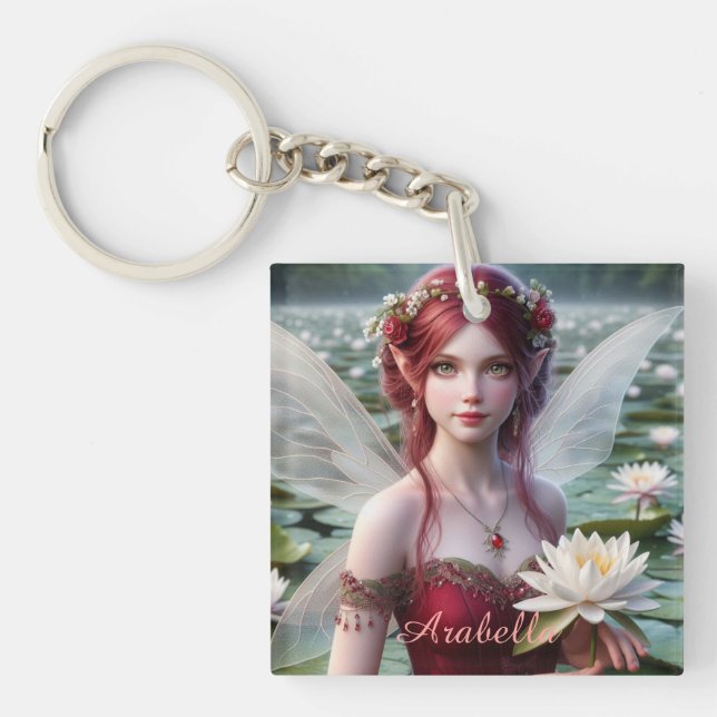 Beautiful July Fairy in Water Lilies Key Ring (Front)