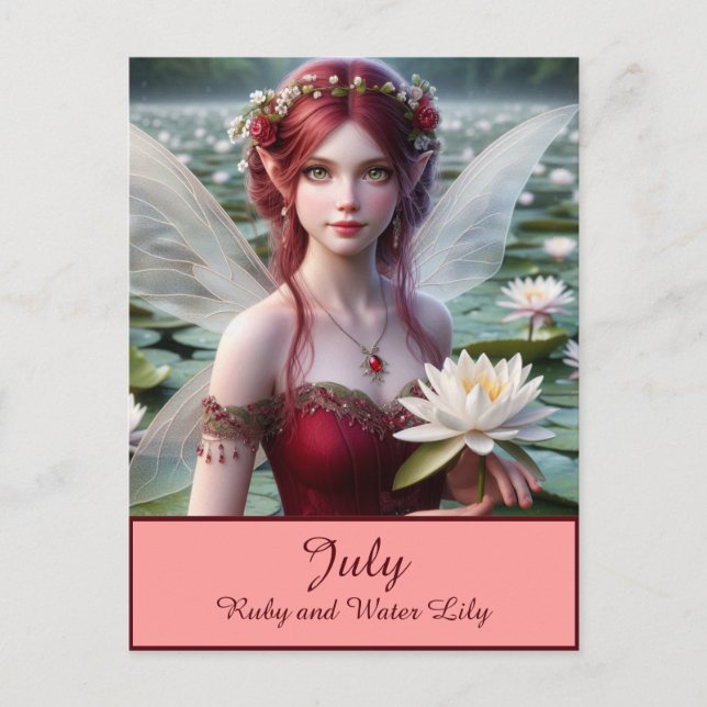 Beautiful July Fairy in Water Lilies Postcard (Front)