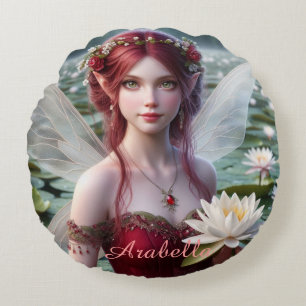 Beautiful July Fairy in Water Lilies Round Cushion