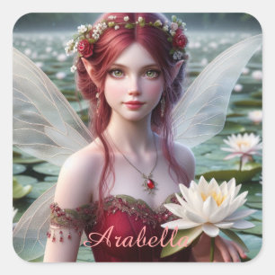 Beautiful July Fairy in Water Lilies Square Sticker