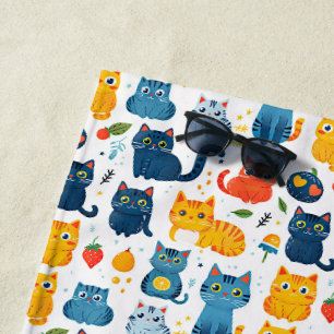  Beautiful kawaii cats, playing with toys white ba Beach Towel