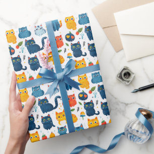 Beautiful kawaii cats, playing with toys white ba Wrapping Paper