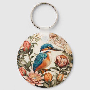 Beautiful Kingfisher and Protea Flowers Key Ring