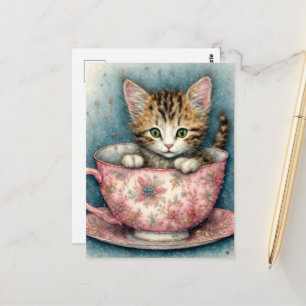 Beautiful kitten in a teacup postcard