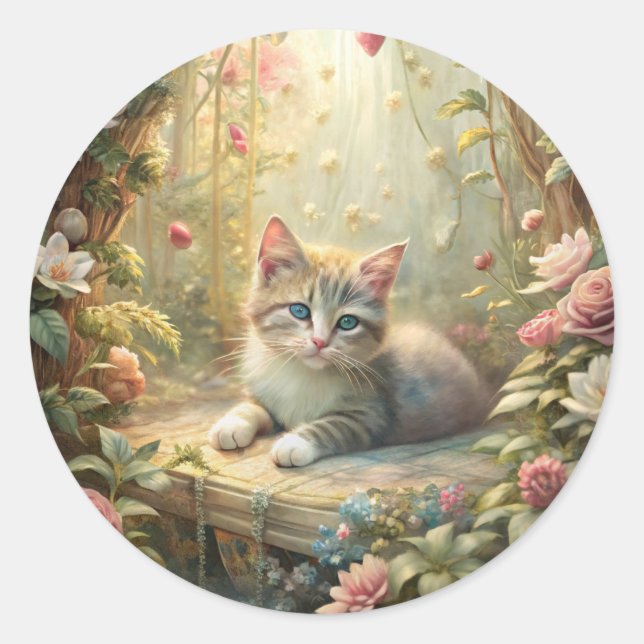 Beautiful Kitten in Rose Garden (Shabby Chic) Classic Round Sticker (Front)