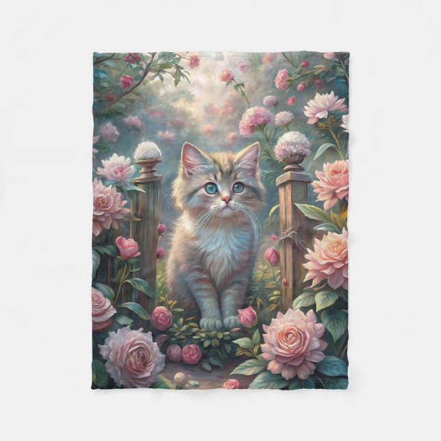 Beautiful Kitten in Rose Garden (Shabby Chic) Fleece Blanket (Front)