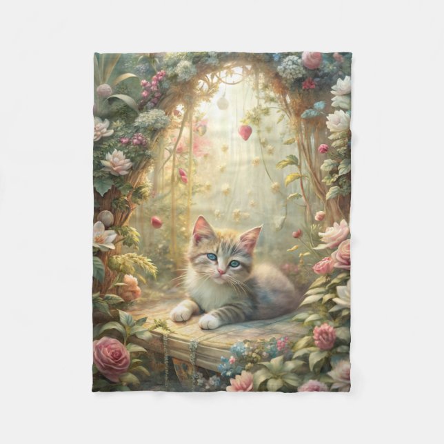 Beautiful Kitten in Rose Garden (Shabby Chic) Fleece Blanket (Front)