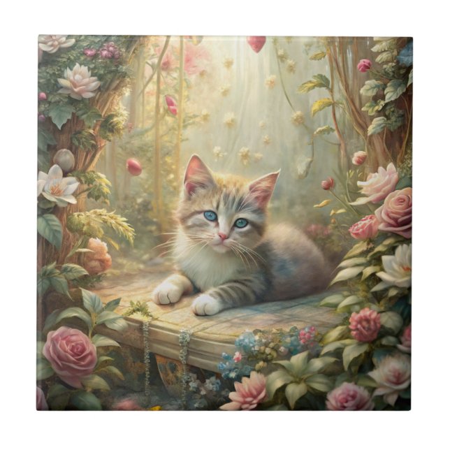Beautiful Kitten in Rose Garden (Shabby Chic) Tile (Front)