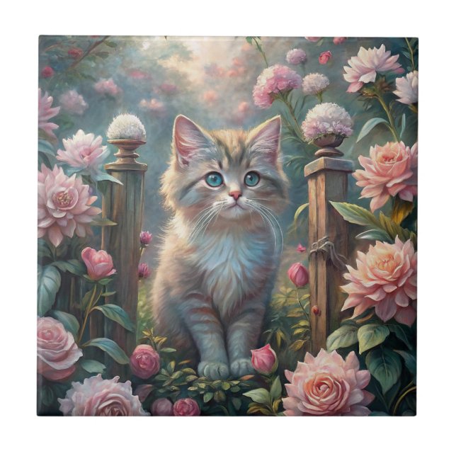 Beautiful Kitten in Rose Garden (Shabby Chic) Tile (Front)