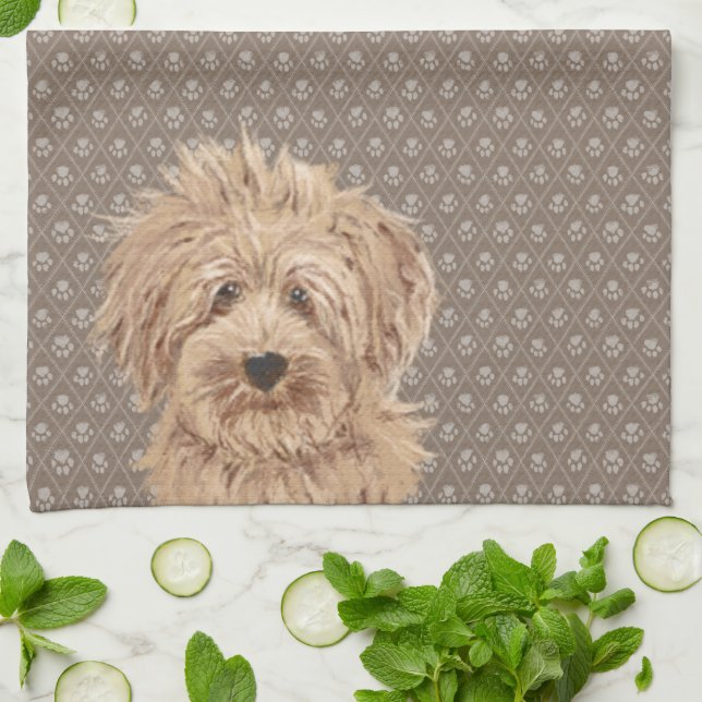 Beautiful Labradoodle Love Dog Paw Painting Beige Tea Towel (Folded)